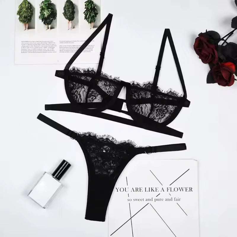 Conjunto de Lingerie Renda Bordada Feminina