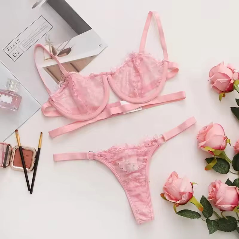 Conjunto de Lingerie Renda Bordada Feminina