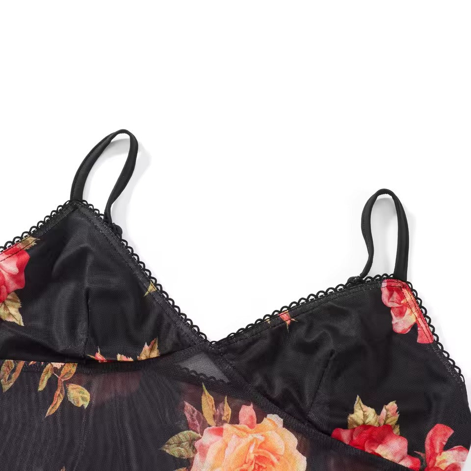 Conjunto Cropped Floral Decote V Mini Saia Elástica Verão Feminino 2 Peças