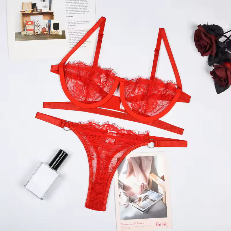 Conjunto de Lingerie Renda Bordada Feminina