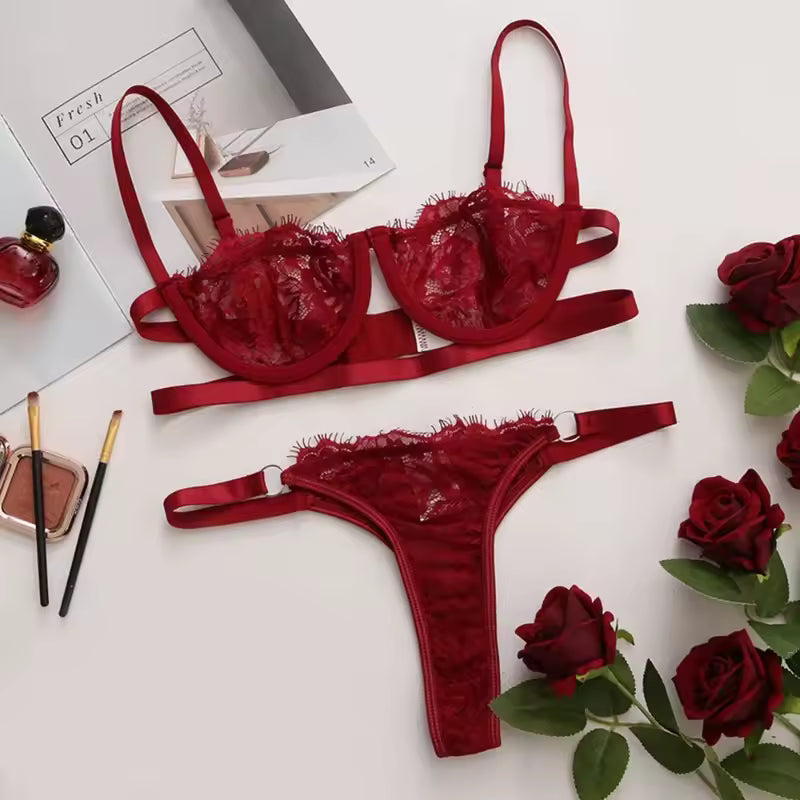 Conjunto de Lingerie Renda Bordada Feminina